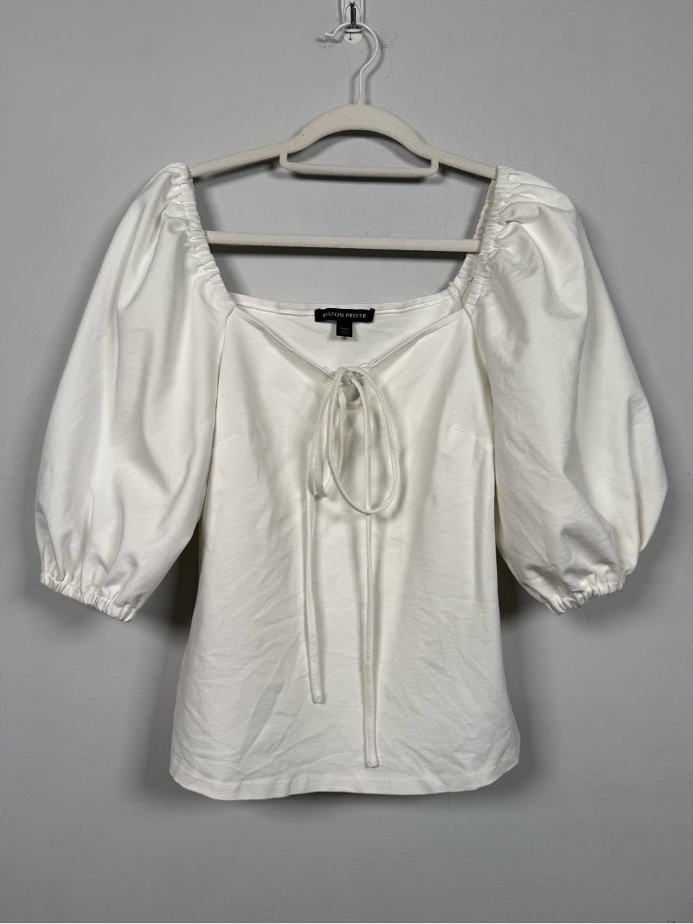 Boston Proper White Puff-Sleeve Tie-Neck Blouse, Size L, Great Condition